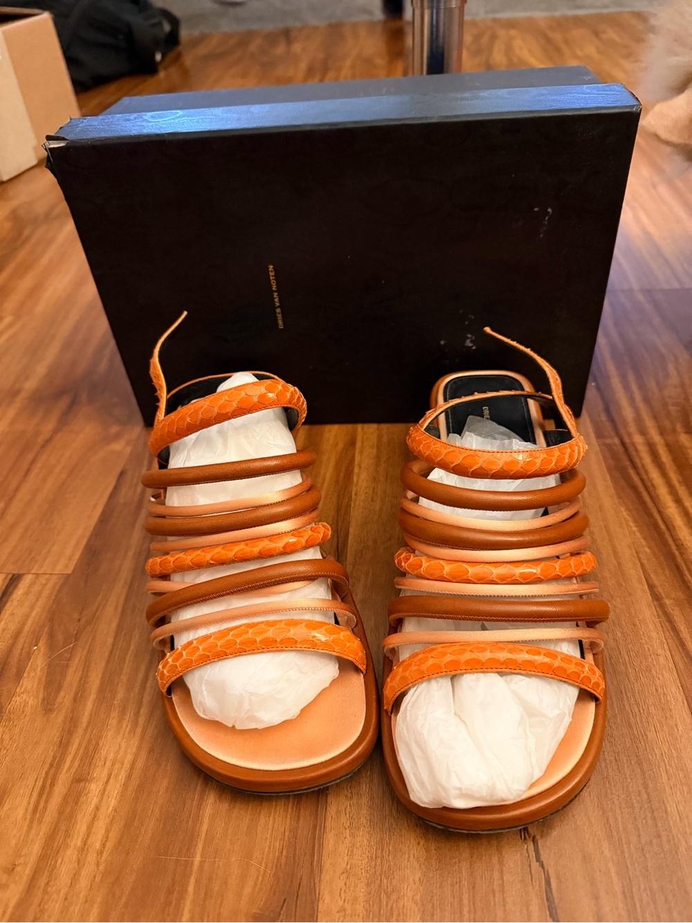 Dries Van Noten Orange Multi-Strap Leather Sandals